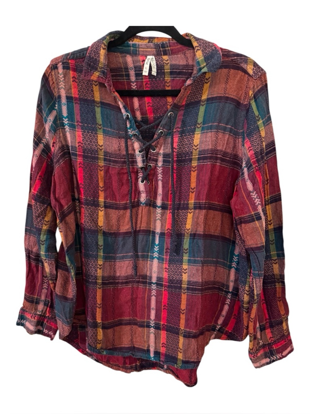 Mudd Lace Up Plaid Peasant Blouse Boho Festival Top XL